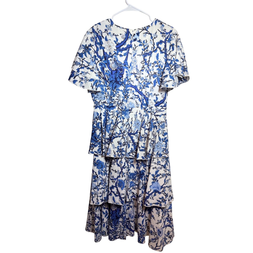 Floral Blue White Print Tiered Ruffle Midi Dress Womens Large